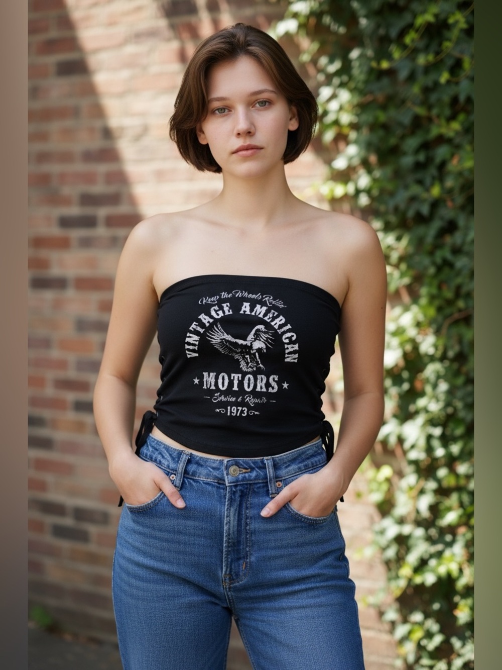Goodie Two Sleeves Vintage American Motors Black Lace-Up Tube Top